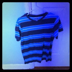 Blue v neck tee shirt with stripes